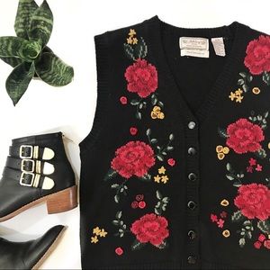 Vintage Hand Embroidered Rose Vest Boho Indie